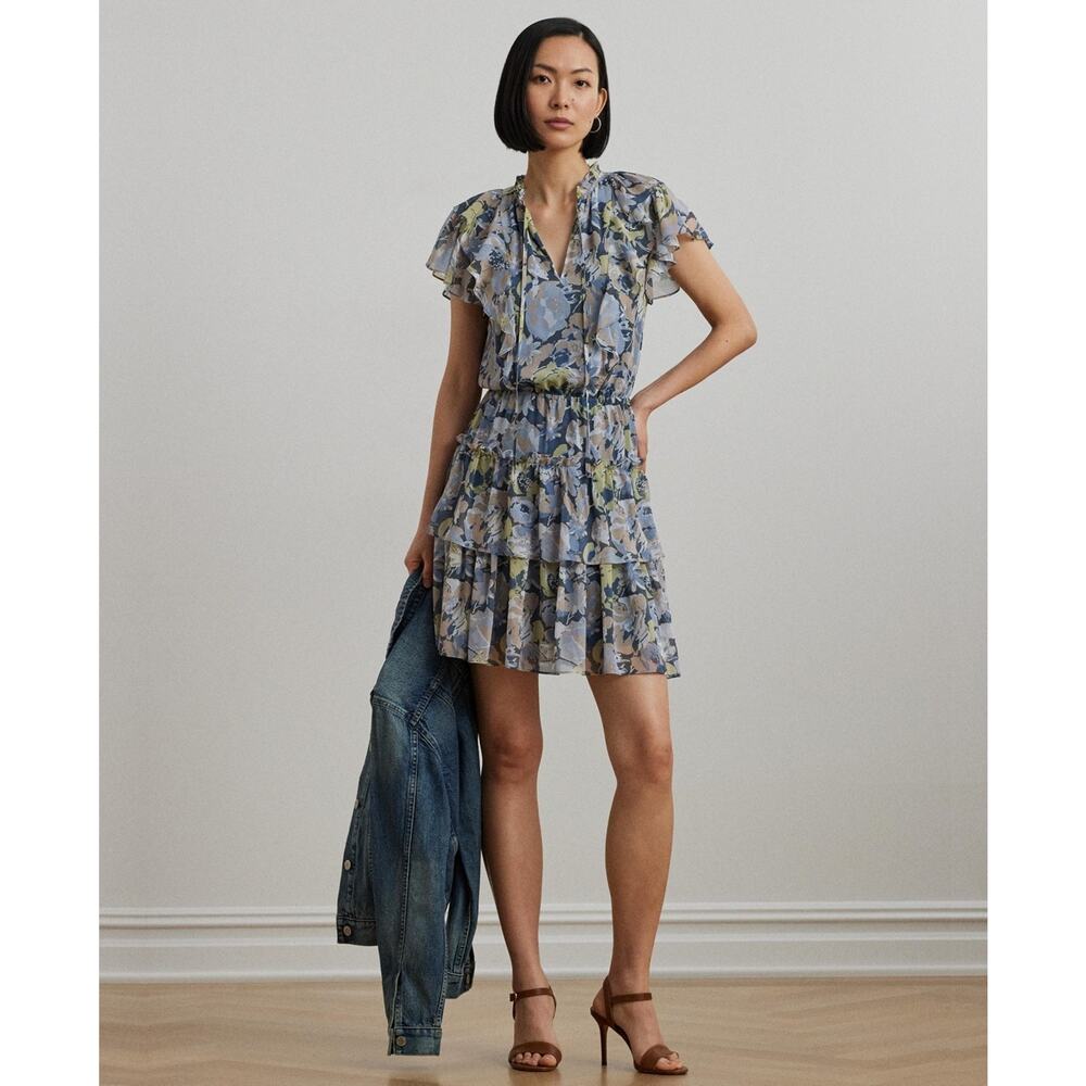 Lauren Ralph Lauren Petite Floral Ruffle-Trim Georgette Dress Blue Size 8P 2186